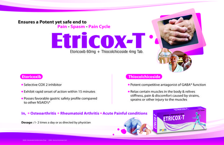 Promotional graphic for Etricox-T, with a photo of hands clasping a painful joint, small portraits of an older man and woman, joint illustrations, and a medicine box against a white background with magenta and purple curves. Headline: Ensures a Potent yet safe end to Pain - Spasm - Pain Cycle. Etricox-T contains Etoricoxib 60mg + Thiocolchicoside 4mg Tab. The graphic lists Etoricoxib as a selective COX 2 inhibitor with rapid onset within 15 minutes and a favorable gastric safety profile compared to other NSAIDs. It describes Thiocolchicoside as a potent competitive antagonist of GABA function and says it relaxes certain muscles and relieves stiffness, pain, and discomfort caused by strains, sprains, or other muscle injury. Indications listed: Osteoarthritis, Rheumatoid Arthritis, and Acute Painful conditions. Dosage: 1–2 times a day or as directed by physician. The artwork uses a bold, energetic purple and magenta design.